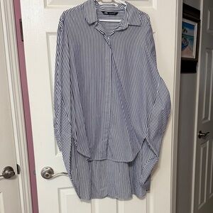 Zara Striped Blue and White Shirt Dress Small